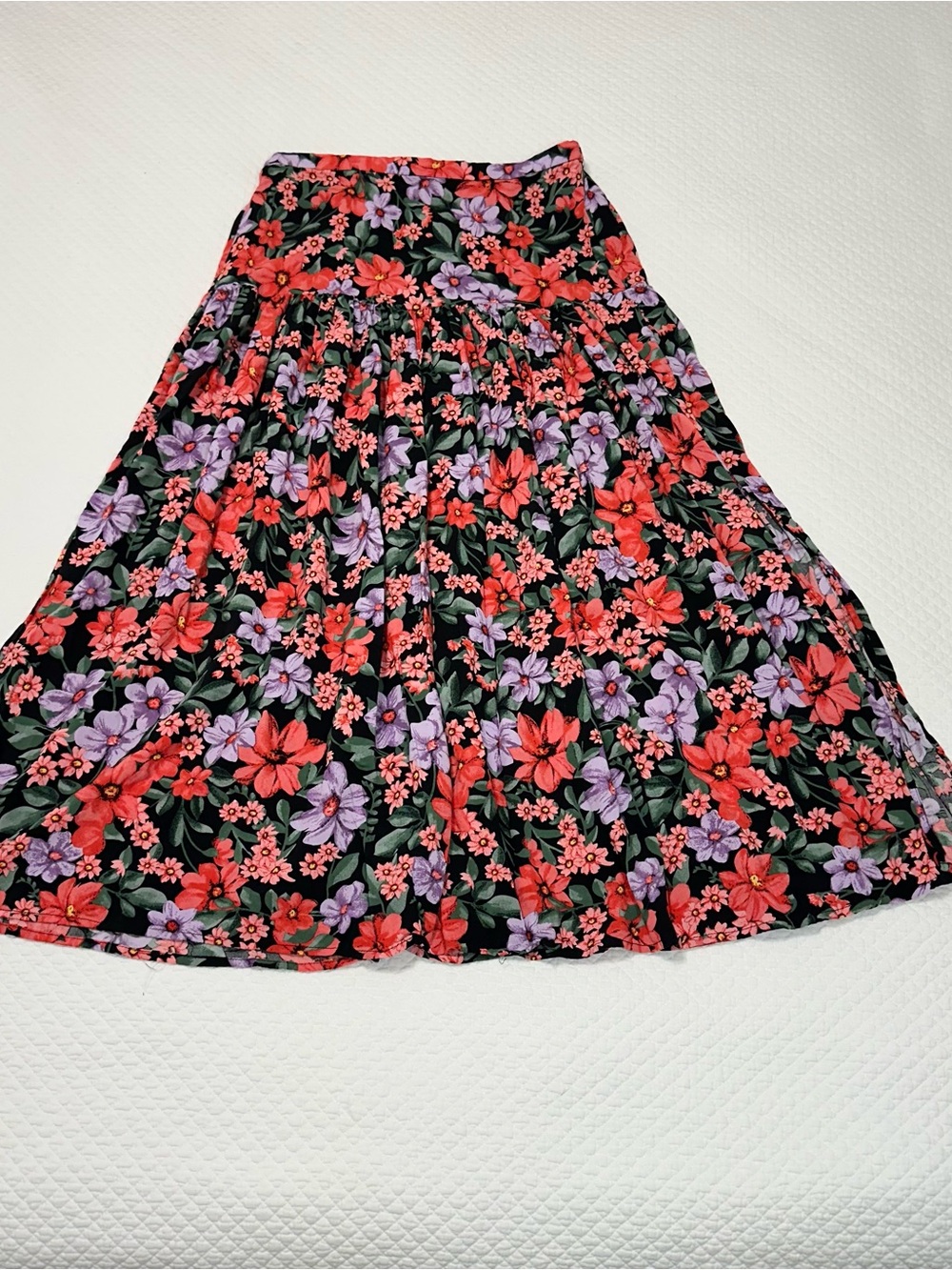Floral Tiered Maxi Skirt in Black with Red & Purple Flowers